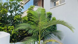 Un edificio moderno con balcón, rodeado de exuberante vegetación y una palmera.