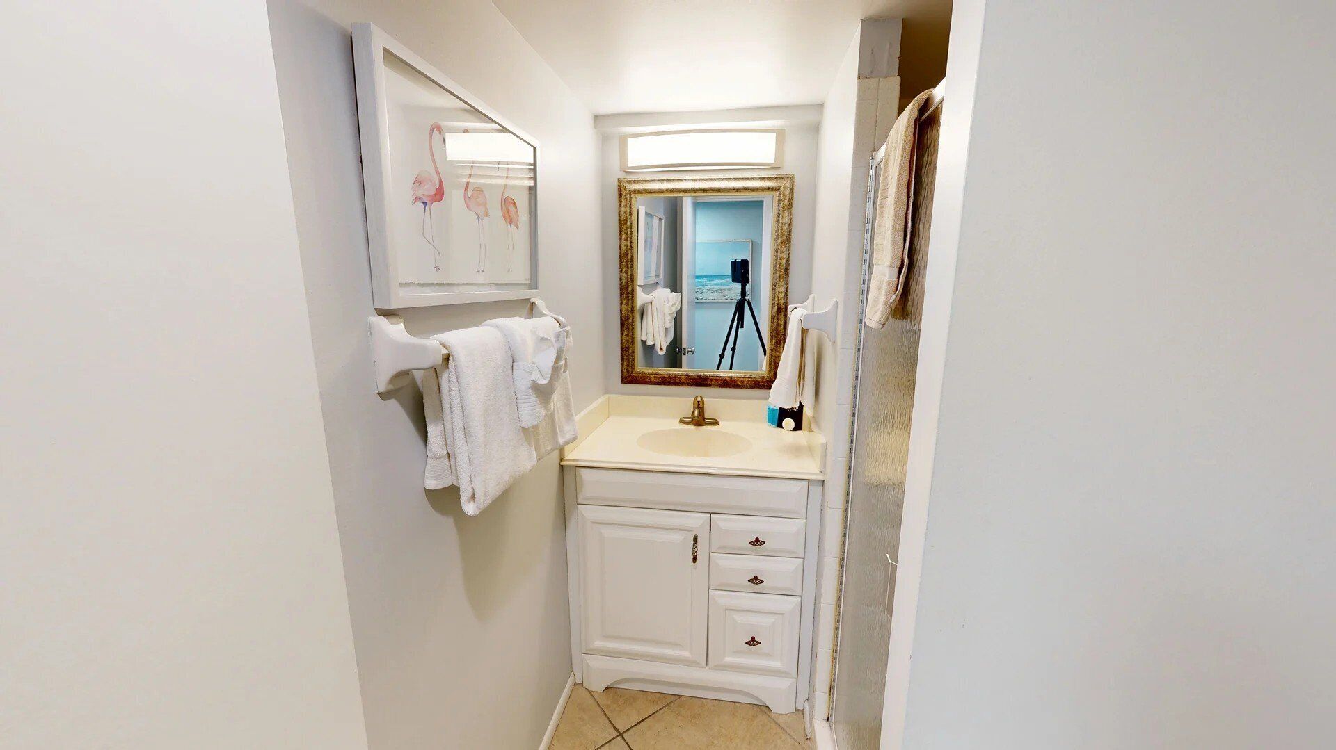Une petite salle de bain blanche, avec un meuble-lavabo, un miroir doté d’un cadre doré et un porte-serviettes.