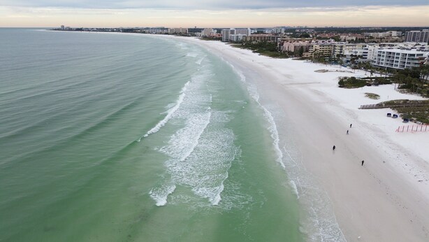 A coastal beach with a sandy shore and a clear view of the ocean. - Crescent Arms Vacation Rentals 405S Siesta Key Florida (Sarasota)