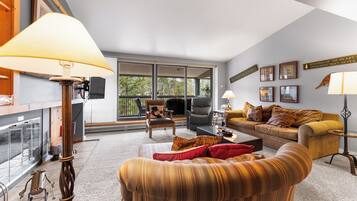 Télévision, cheminée, livres