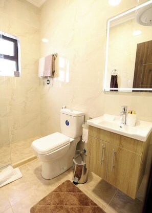 Douche, serviettes fournies, savon, papier toilette