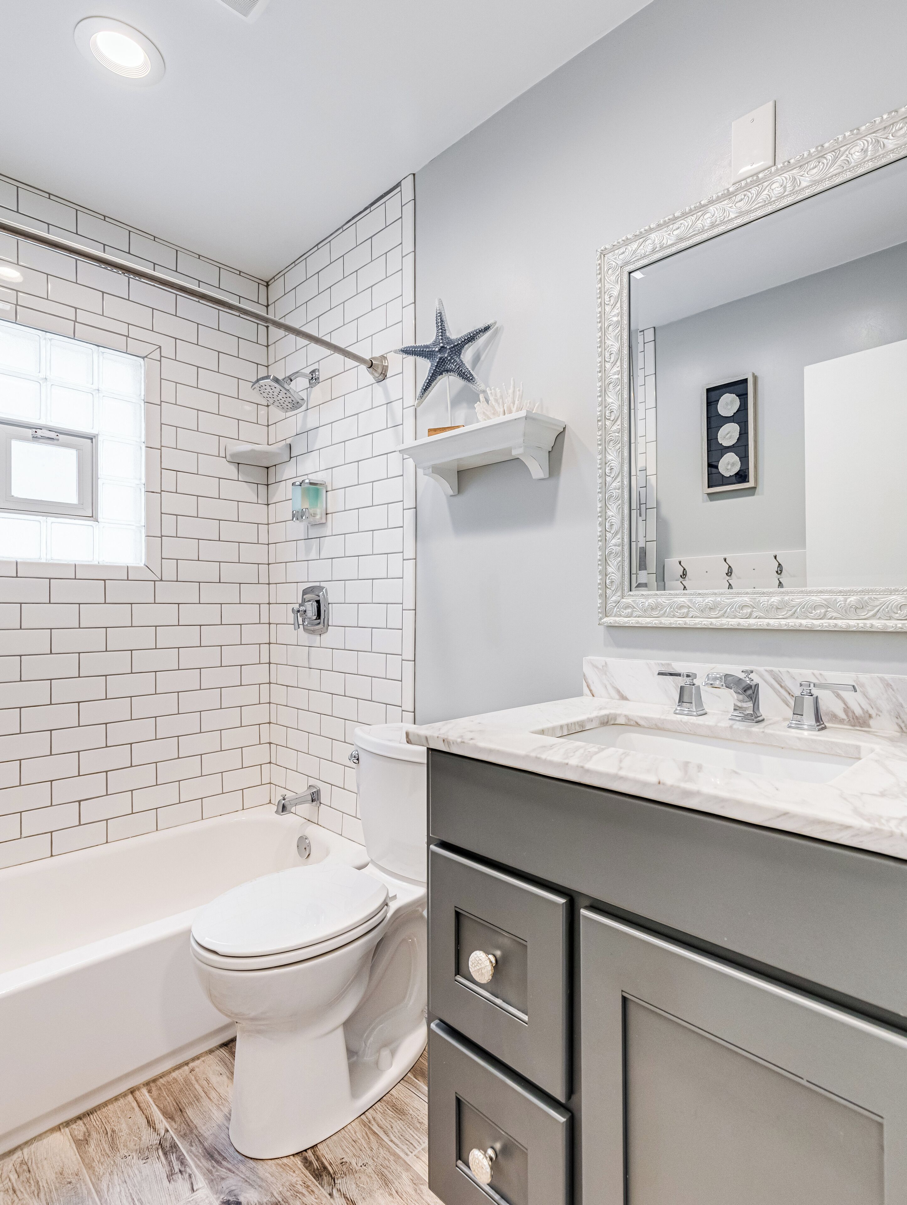 Hair dryer, towels, soap, shampoo
