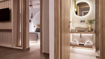 Superior Suite, Sea View | Bathroom | Shower, rainfall showerhead, free toiletries, hair dryer