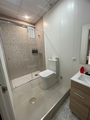 Ein modernes Badezimmer mit Duschkabine, Toilette und Waschtisch.