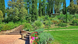 A garden with stone steps leading to a pergola, surrounded by various plants and trees. - Villa Barbarella - Villa with private pool (San Gimignano)