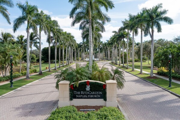 A sign for The Ritz-Carlton Naples, Tiberón, with a pathway lined by tall palm trees. - Tiburon Ritz Carlton Retreat Condo Rented Monthly With All The Amenities  (Naples)