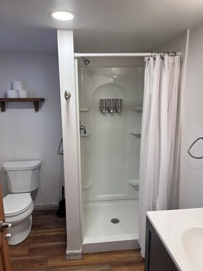 Shower, towels, soap, shampoo