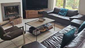 Una sala de estar moderna con un sofá de cuero, televisor, chimenea y vistas al exterior.
