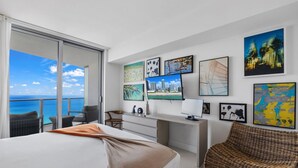A hotel room with a bed, a desk, a chair, and a view of the ocean. - Lyfe Resort and residences, Ocean Front 35th floor, great views guaranteed! (Hollywood)