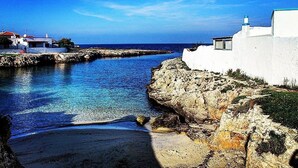 A coastal scene with a clear blue sea, rocky shoreline, and white buildings with blue roofs. - DON LEONARDO PRIVATE POOL VILLAS (Polignano a Mare)