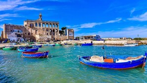 A coastal town with a historic building and several boats docked in the harbor. - DON LEONARDO PRIVATE POOL VILLAS (Polignano a Mare)