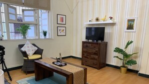 Un salon avec une table basse en bois, un téléviseur posé sur un meuble en bois, un fauteuil avec un coussin, une plante en pot et un appareil photo sur un trépied.
