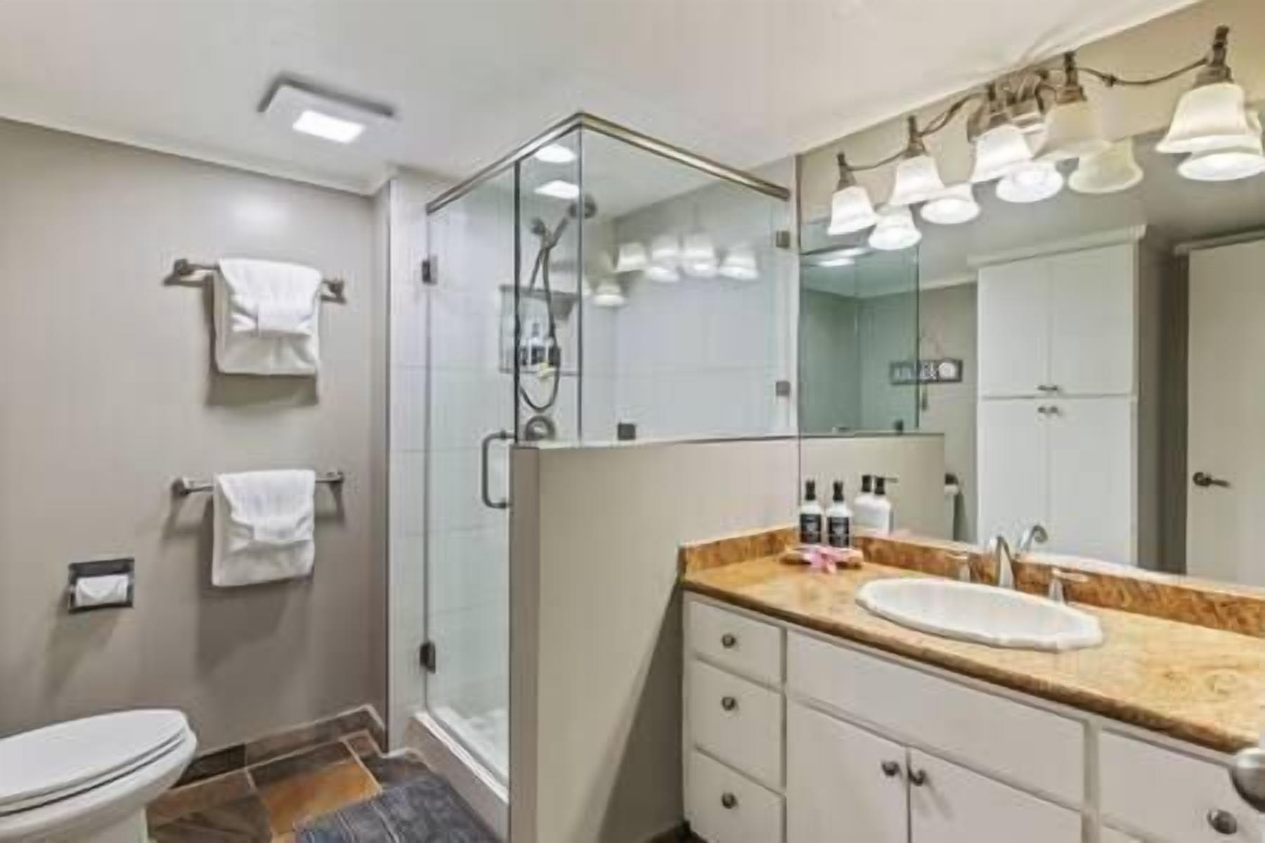 Hair dryer, towels, soap, shampoo