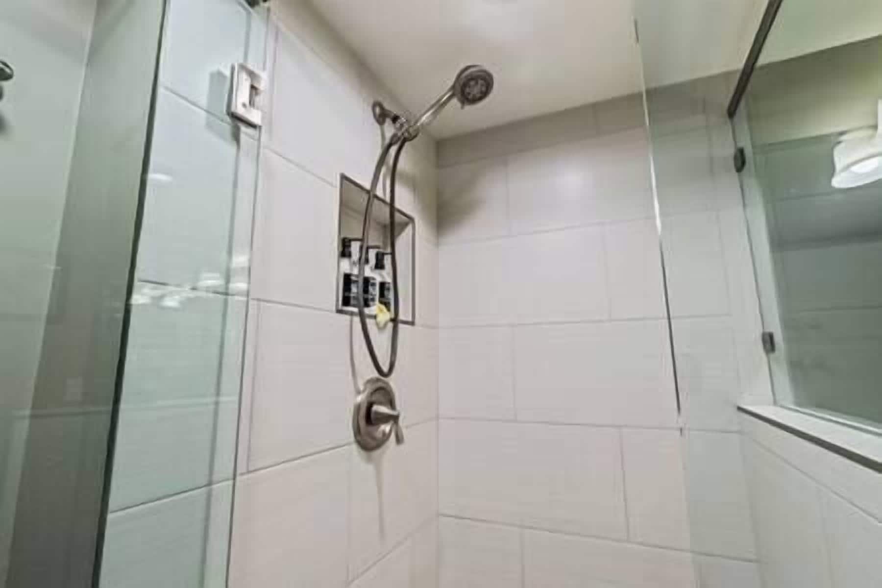 Hair dryer, towels, soap, shampoo