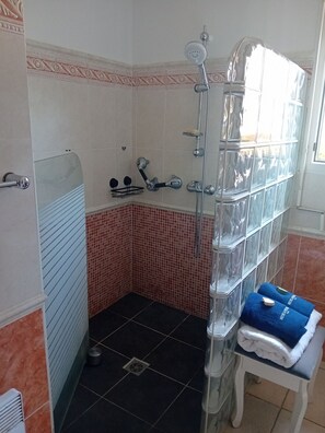 Chuveiro, secador de cabelo, toalhas de banho, sabonete
