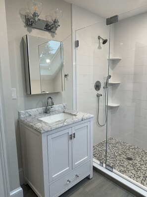 Shower, hair dryer, bidet, towels