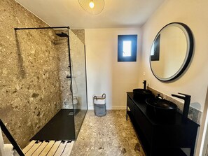 Shower, hair dryer, soap, shampoo