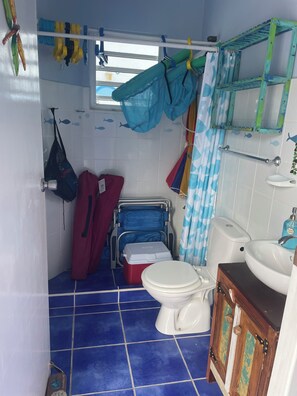 Hair dryer, towels, soap, toilet paper