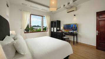 A hotel room with a large bed, a desk with a computer, a TV, and a view of the outdoors.