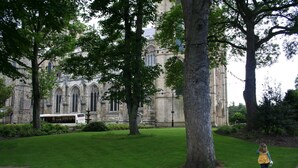 A historic building with large trees in the foreground. - Country Hideaways | Cobblestone Cottage | Ripon (Ripon)
