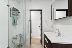 Hair dryer, towels, soap, shampoo