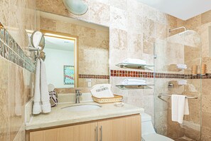 Shower, towels, soap, shampoo