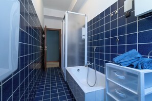 Shower, hair dryer, bidet, towels