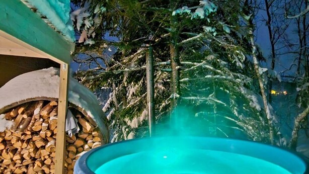 Una vasca idromassaggio circondata da alberi innevati e una struttura in legno.