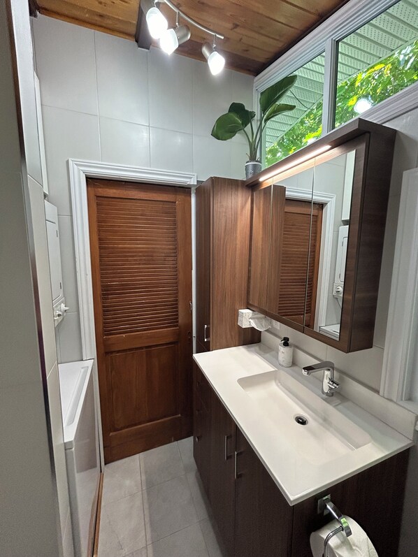 Une salle de bain avec une porte en bois, un lavabo blanc, un miroir et une plante en pot.