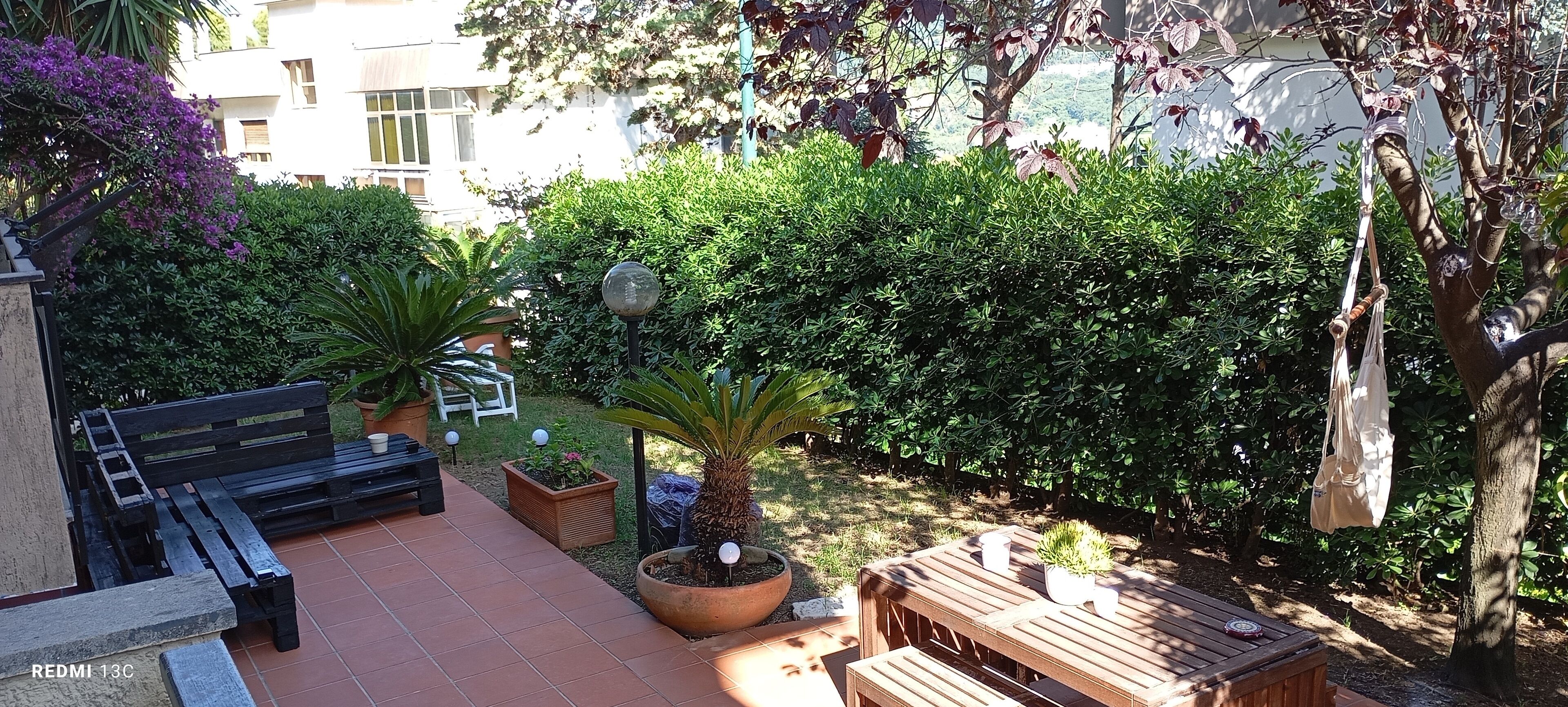 A courtyard with a wooden bench, a small table, and a potted plant.