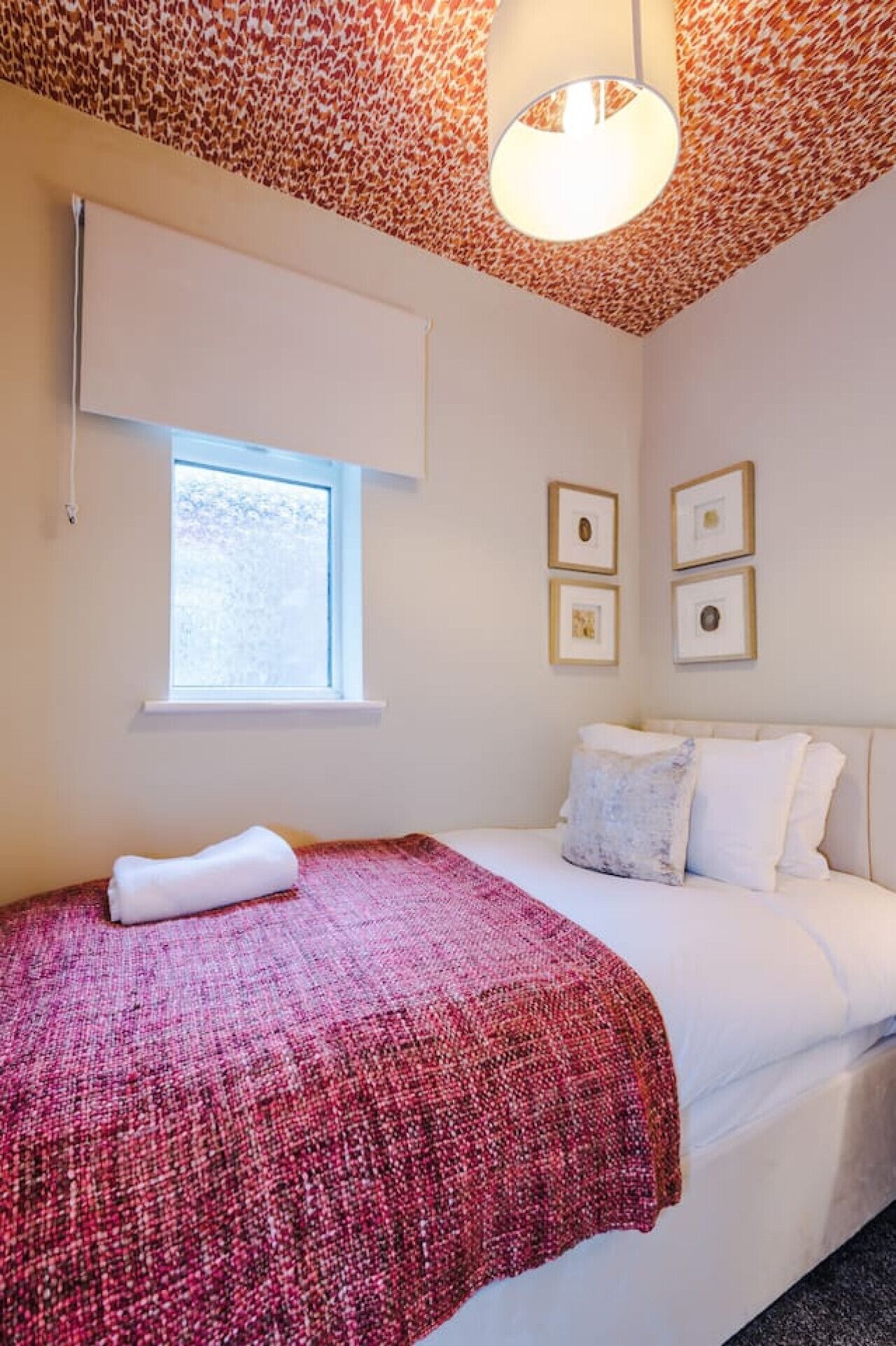 Une chambre à coucher avec un lit, une fenêtre et un luminaire au plafond.