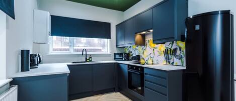 Großer Kühlschrank, Mikrowelle, Ofen, Herdplatte