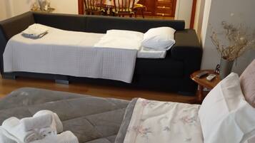 1 bedroom, desk, iron/ironing board, travel cot