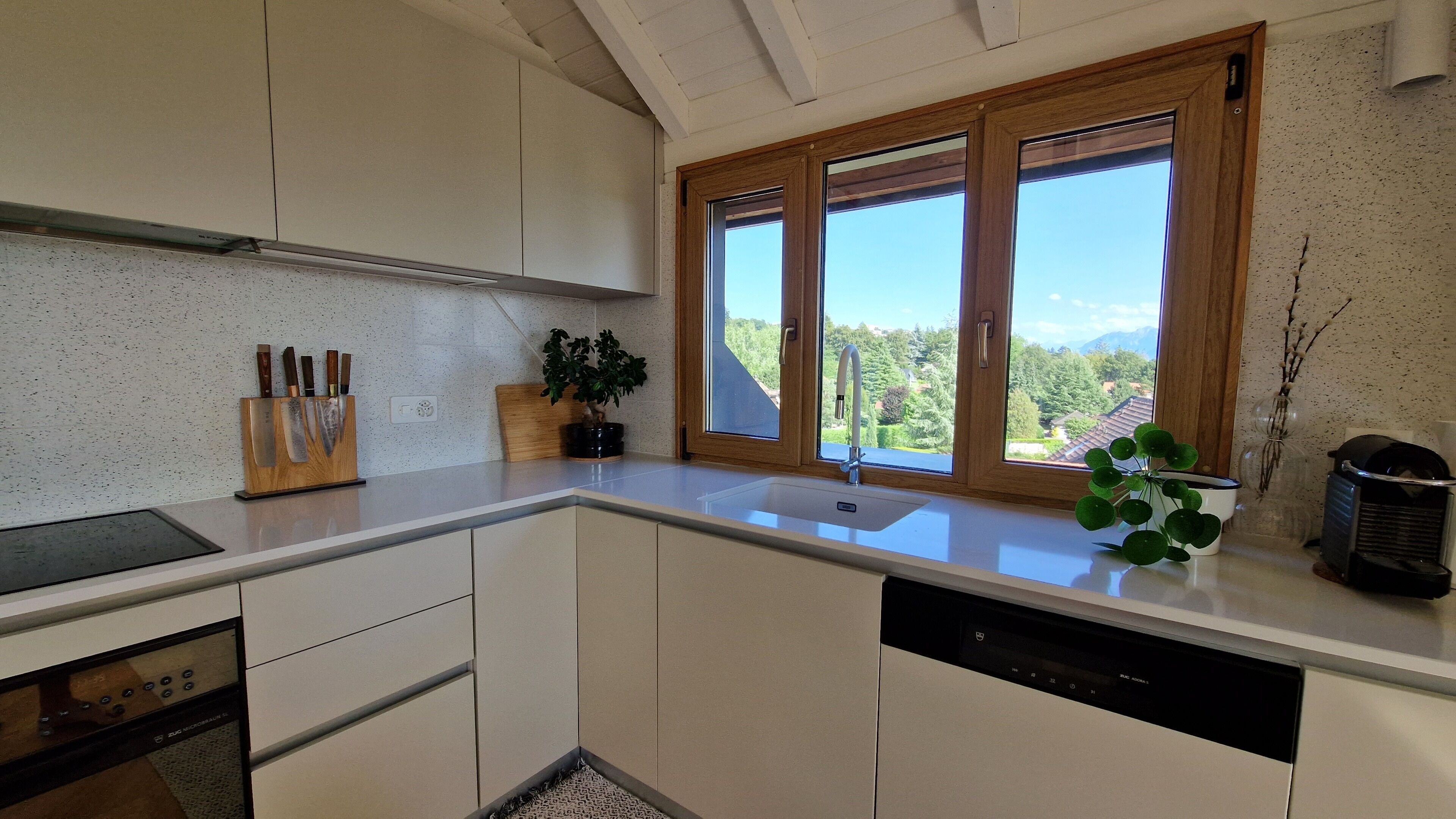 Een moderne keuken met witte kasten, een vaatwasser en een raam met uitzicht op groen.
