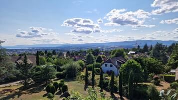 Ein Wohngebiet mit Häusern, Bäumen und einer entfernten Aussicht auf Berge und eine Stadt.