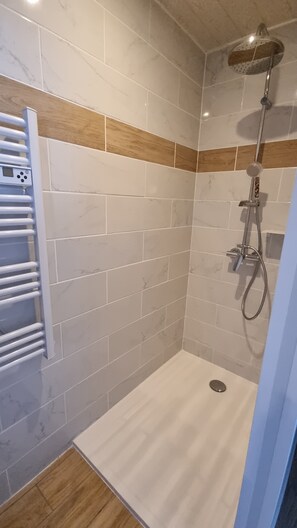 Douche, séchoir à cheveux, serviettes fournies, savon