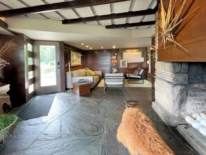 Smart TV, chimenea, libros y estéreo 