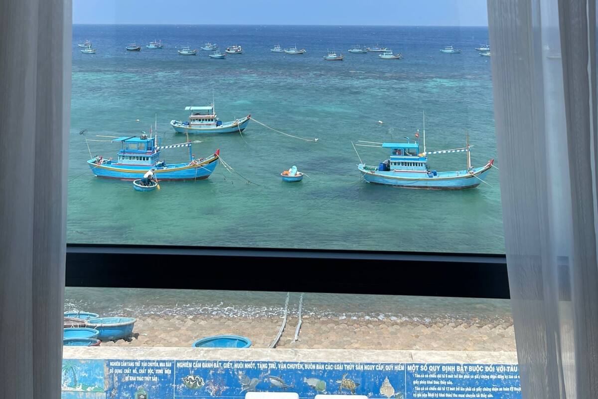 A view of a coastal area with several boats on the water, viewed through a window with sheer curtains.