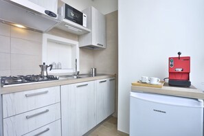 Fridge, microwave, stovetop, coffee/tea maker