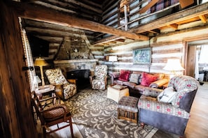 Smart TV, fireplace, books, stereo