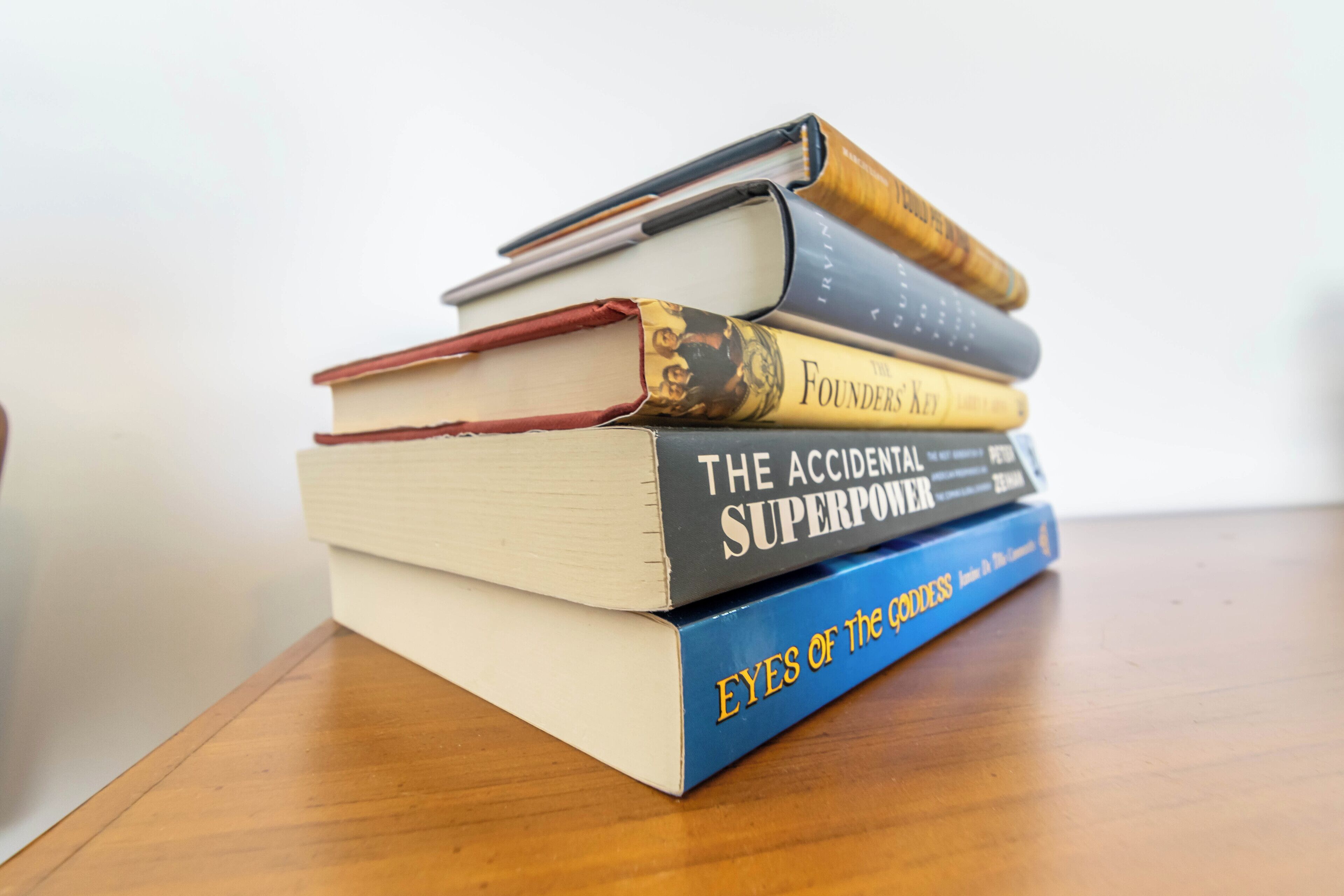 A stack of books on a wooden surface.
