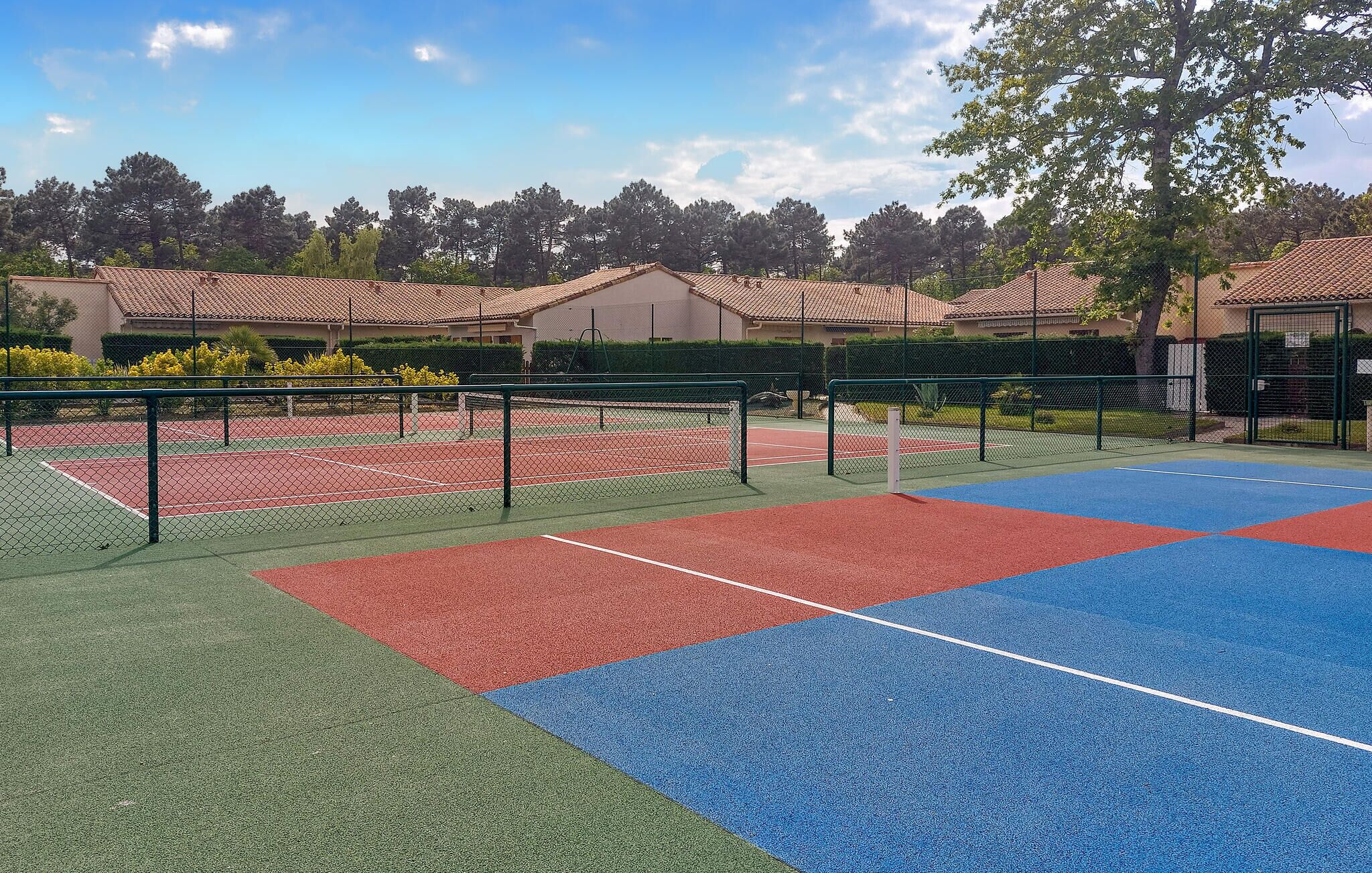 A tennis court with a green, red, and blue surface, surrounded by a fence and trees.