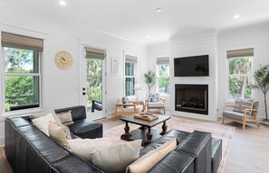 Smart TV, fireplace, books