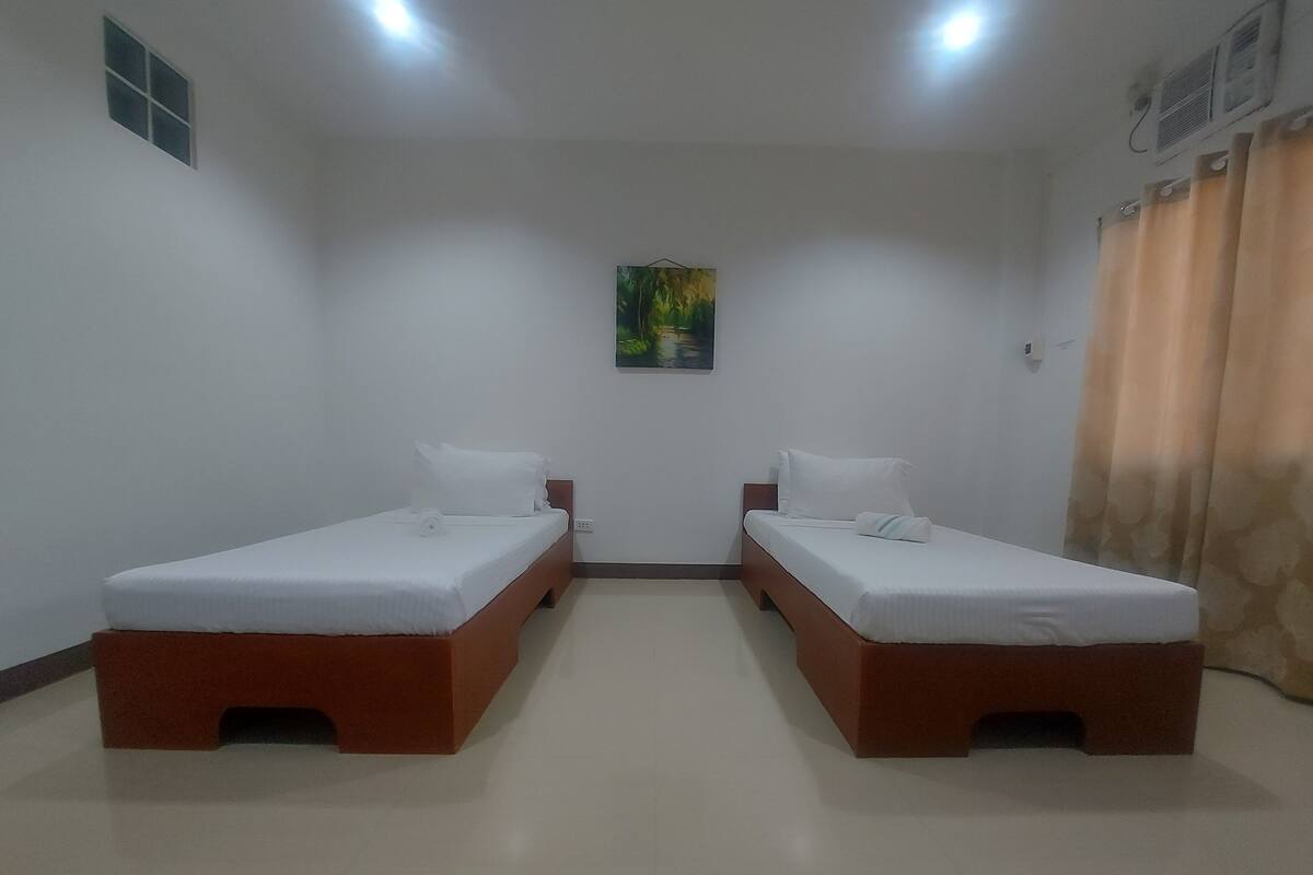 A room with two single beds, a small window, a painting on the wall, and a curtain on the right.