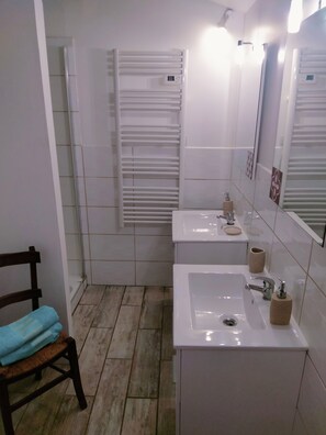 Shower, hair dryer, towels, soap
