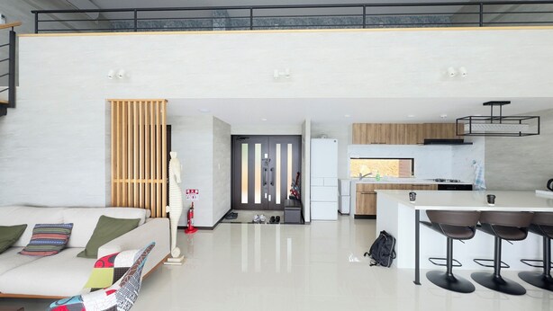 A modern apartment with a living area, kitchen, and dining space. - Ocean view retreat! Luxury villa with sauna (本部町)
