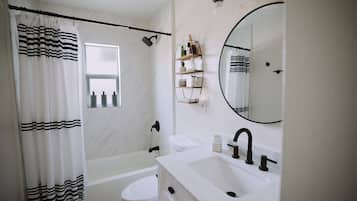Hair dryer, towels, soap, shampoo