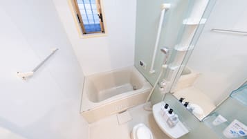 Hair dryer, towels, soap, shampoo