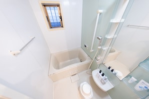 Hair dryer, towels, soap, shampoo