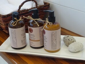 Hair dryer, towels, soap, shampoo